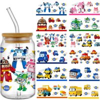 Poli car series easy peel waterproof DIY Decals 3D transfers uvdtf stickers 16oz uv dtf cup wraps for Libbey Glasses