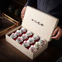 Kung Fu Tea Cup Twelve Flower Gods Set Enamel Pastel Ceramics 12 Pieces Gift Box Hostโs Ceramics & Pottery Chinese Teaware Bar