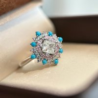 Vintage Luxury high-quality Turquoise rings for women Exquisite showy Pink Diamonds Flower Blue Ring adjustable Wedding Jewelry