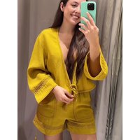 TFMLN Women Casual V-neck Shirt And Short Pants Two-piece Summer Fashion Long Sleeve Hollow out Design Elegant Holiday Clothes