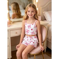 Girls' fashionable home clothes summer, girls' outdoor leisure bow love pattern top vest shorts