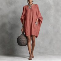 Women Summer Fashion Casual Cotton Linen Like Batwing Loose Dress Women Patchwork Holiday Party O-Neck Solid Dress
