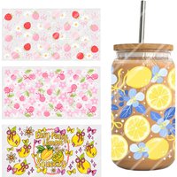 4pcs Spring Summer Lemon Flower Strawberry DIY UV DTF Rub On 16oz Libbey Glass Cup Can Wrap Transfer Stickers Tumbler Mug Decor