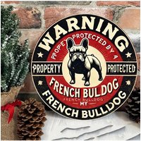 1PC 2D Flat Vintage Warning Property Protected By French Bulldog Round Metal Sign 20cm Dessert Shop Cafe Wall Decor