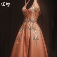 Lily Orange Evening Gown Halter Prom Dress Sleeveless A-Line Satin Ruched Party Dress with Glitter Bows 프롬 드레스 Customized