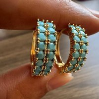 Vintage Design Turquoise Golden Plated Hoop Earrings for Women Gorgeous Fashion Banquet Party Earrings Jewelry Accessories Gifts