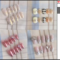 10PCS Handmade Press on Nails Short Cute Acrylic Fake Nails Reusable Adhesive Glitter Aurora Floral Design Finger Tips Gradient