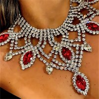 Red Crystal Fashion Necklace with Large Rhinestone Teardrop Necklace Choker, Romantic Banquet Party Jewelry Accessories