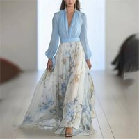 Fashion Floral Print Patchwork Bohemian Dress Woman 2025 Sexy V Neck Hollow Long Dresses Long Sleeve Puff Loose Maxi Dress