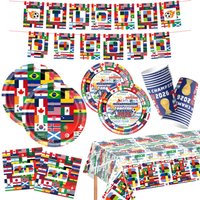 International World Flag Disposable Tableware Set - Paper Plate Napkins Cup Banner Tablecloth for Football Party Decoration
