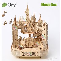 Ury 3D Wooden Puzzle Musical Octagonal Box Rotatable Touring Train Castle Model Mechanical Kit Decor DIY Toy Gift for Kid Adult