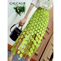 GALCAUR Elegant Dot Patchwork Tassel Skirt For Women High Waist Solid Midi Skirts Female Fashion New Clothing 2023 Clothing