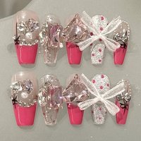 10pcs Long Coffin Hot Pink French Tulle Bow Pink Rhinestone Press On Nails, Gift For Women, Fake Nails, Handmade Nail Set