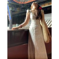 Elegant V-Neck A-Line Dress Women's High Waist Long Skirt Soft Fabric Cotton Polyester Nylon Fiber Summer New Style White Dress