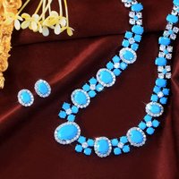 Pera Gorgeous Shiny Light Blue Oval Turquoise Pave Bridal Necklace Earrings Wedding Jewelry Sets for Brides J004