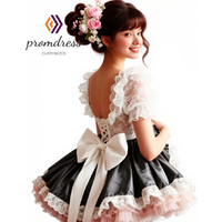 Amazing Pink And Black Prom Dress With Bow Short Sleeve Lace Mini Frilly Costume Evening Dress Chic Backless Lace Homecoming