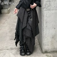 RORORIRI Vintage Gray Irregular Stitch Plaid Skirts Women High Waist Raw Edge Loose Casual A-line Long Skirt Y2k Layered Skirt