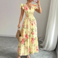 Summer Elegant Women's Floral Print V Neck Sleeveless Hoilday Beach Long Dress