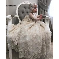 Luxury Christening Gown for Little Kids Long Sleeve Lace Pearls First Communion Dress Toddler Infant Baptism Gowns