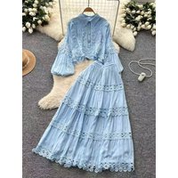 Retro Heavy Embroidery Lace Splicing Lantern Sleeve Shirt High Waist Cake Skirt Two Piece Set Women's Traditional Ethnic Style