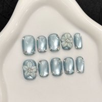 10PCS Square Handmade Press On Nails, Clear Cool Ice Blue Butterfly, 3D Carved Cat Eyes, Suitable For Parties And Daily Wear.