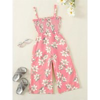Summer fresh casual children's clothing, girls' pink lily print suspender, waist cinched wide leg pants, jumpsuit