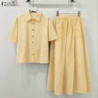 ZANZEA Summer Women Striped Dress Sets Short Sleeve Shirts and Long Skirts 2 Piece Outfuts Casual Loose Fashion 2pcs Oversized