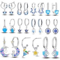 Hot Selling 925 Sterling Silver Sparkling CZ Blue Star Moon Luxury Earrings for Women Popular Fashion Jewelry Birthday Gift