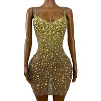 Sparkly Rhinestones Slip Short Dress for Women Sexy Mesh See Through Evening Prom Celebrate Birthday Dress Photo Shoot Wear
