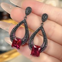 Stylish Black Plated Water Drop Earrings for Women Sparkling with Red Blue Cubic Zirconia Elegant Fashion Jewelry Wedding Gift