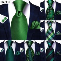 Hi-Tie Designer Green Solid Striped Paisley Wedding Tie For Men Necktie Hanky Cufflink Fashion Business Party Dropshipping