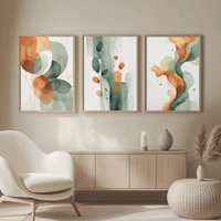 3pcs Abstract Burnt Orange Sage Green Canvas Poster Wall Art, Medieval Minimalist Painting Modern Living Room Home Decoration