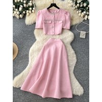 Elegant Diamond Embedded Bubble Sleeve Two-Piece Set High Waist Slimming Skirt Women's Fashion Autumn Ensemble Casual Commute
