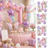 7pcs-set 32in Pink Number Butterfly Balloons Combo Set, Happy Birthday Party Decor Supplies for Kids Baby Shower Celebration