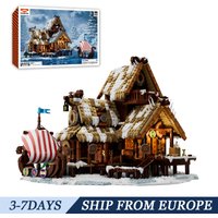 1694-teiliges Icehorn Longhouse Baustein-Modellset, mittelalterliche Wikinger-Schneehütte mit Schiff, MOC, Straßenansicht, Konstruktionsspielzeug, Heimdekoration, Ausstellungsstück für erwachsene