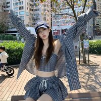 Loose Lazy Age-reducing Top Casual Suit for Women Summer Korean Chic Plaid Long-sleeved Sunsn Shirt High-waisted Short Skirt