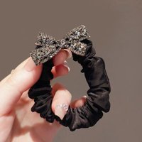 1PC Black Satin Scrunchie With Rhinestone Bow, Elegant Glam-Style Hair Tie For Women, Stylish Daily Wear Party Accessories