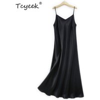 Tcyeek, 100% Silk Elegant OL Dresses, Women Spaghetti Strap Solid Color, Simplicity Vacation Party Dress, 2024 Summer D44156QM