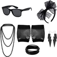 80s Accessories Girls Retro clothing Lace sunglasses fishnet gloves Neon headband Fashion 80s party set for teens