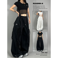 ROKBBKK Street Dance Jazz Sle Women's Casual Pants Silver Sequin Splicing Design Trendy Brand l Waist Straight Leg