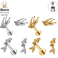 ASTM F136 Titanium Koi Fish Swallow Earring Stud 16G Labret Lip Stud for Cartilage Tragus Conch Helix Ear Piercing Jewelry