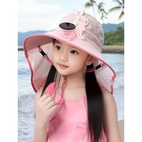 Kids Solar & USB Charging Fan Sun Hat, UPF50+ UV Protection Wide Brim Neck Flap Cooling Hat for Outdoor Beach