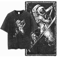 G39 Acid Washed Black Cool 100% Cotton Astronaut Printed Men's T-shirt | Streetwear Big Size Vintage O-neck men's Tee Tshirt