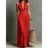 Women's Single-Breasted Button Patchwork Cardigan Dress Summer Holiday Sleeveless Turn-Down Collar Solid Maxi Dress Streetwear