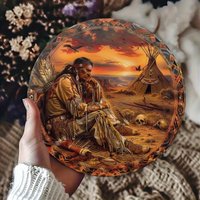Native American Theme Round Metal Wall Decor, Classic Style Aluminum Sign, 8X8 Inch, Waterproof Non-Fade Printing, Pre-Drilled H