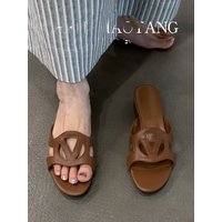 Genuine Leather Hollow out Sandals Women's New Style Chunky Heel Open Toe Summer Vacation Wear Casual Flat Bottom Slippers