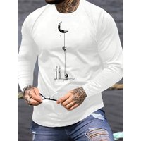 100% pure cotton men's long sleeved round neck loose landing moon pattern printed spring and autumn versatile T-shirt top