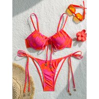 Orange Pink Hibiscus Print Underwire Push Up Bikini Set Tie Side High Cut Starfish Charm 2 Piece Swimsuit Women Summer Beachwear