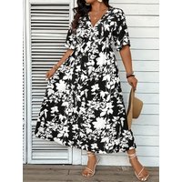 Elegant plus-size black and white floral A-line dress, floor-length, machine washable, round neck design, suitable for spring an