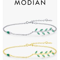 MODIAN 925 Sterling Silver Green Leaf Zirconia Adjustable Link Chain Bracelet For Women Fashion Wedding Jewelry Accessories